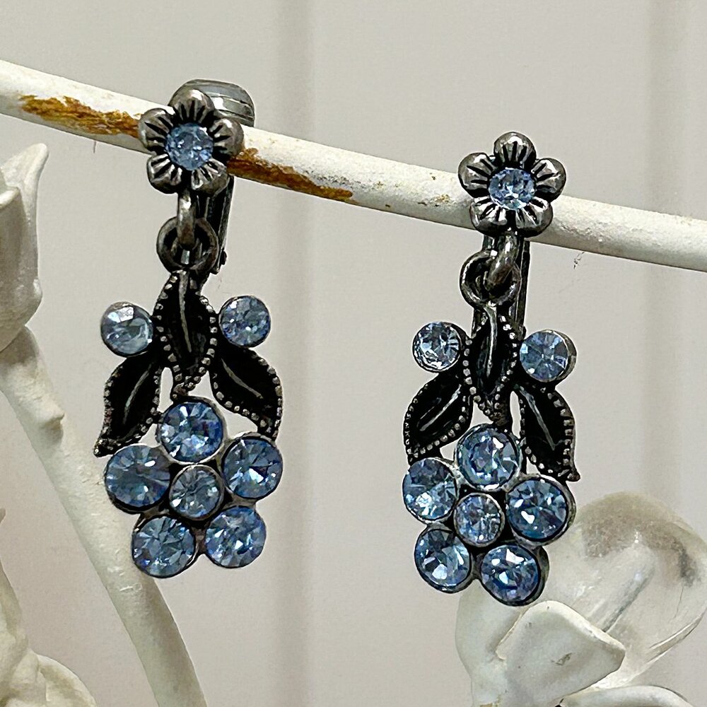 Vintage Womens Clip Earrings  Blue Floral Rhinestone Dangle